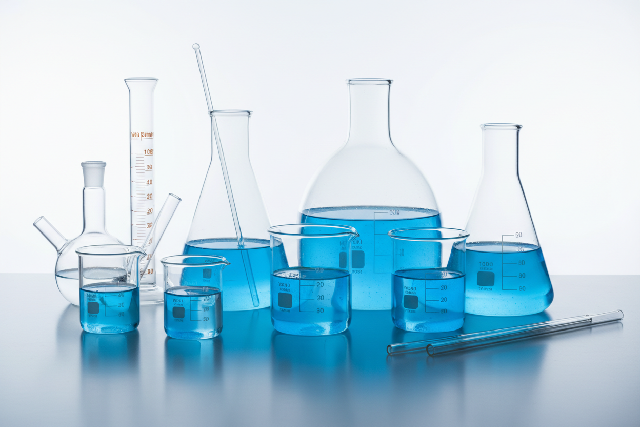 beakers with blue liquid